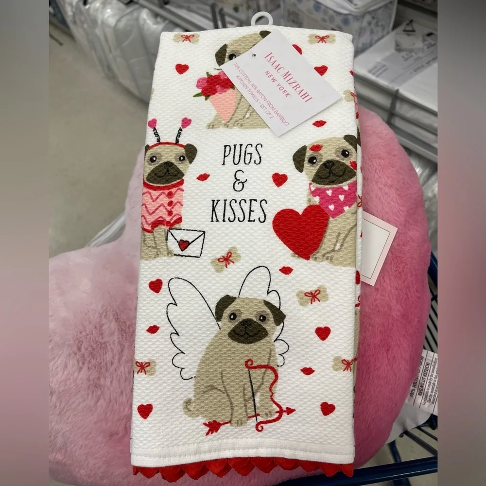Valentine’s Day Pugs & Kisses Kitchen Towels w/Red Heart Trim set of 2 NWT